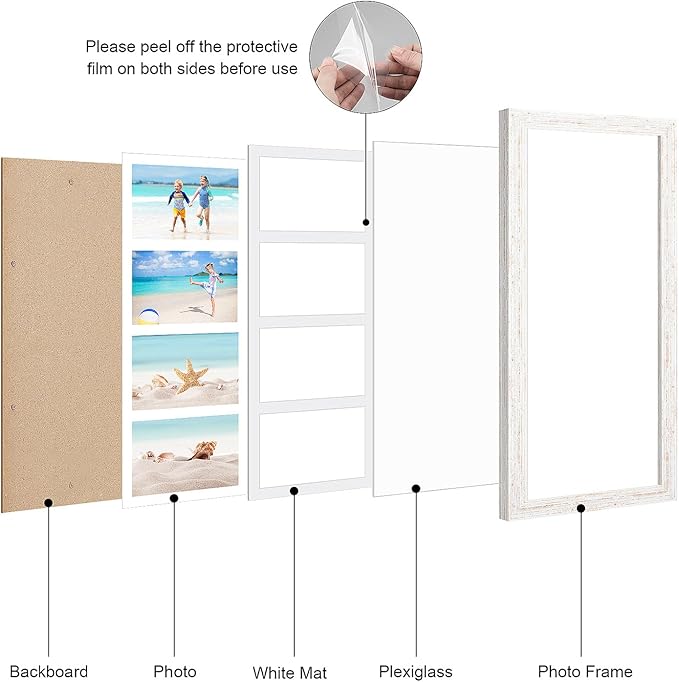 7x17 Collage frame with 4 Openings 4X6 Pictures, Multiple Picture Frame with Mat, Wall or Tabletop Decor, White Wood Grain,2 Pack