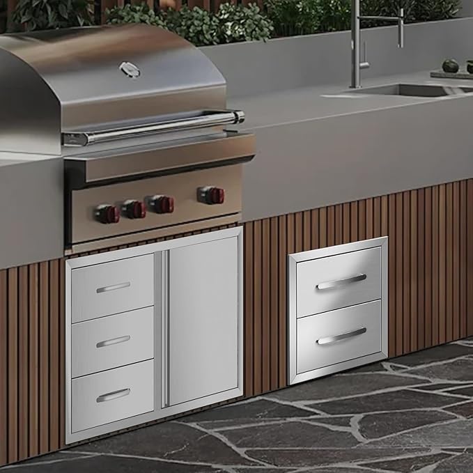 Outdoor Kitchen Drawers Stainless Steel 14W X 14.3H X 23D Inch, Flush Mount Double BBQ Island Drawers with Handle for Outdoor Kitchens, Patio or Grill Station