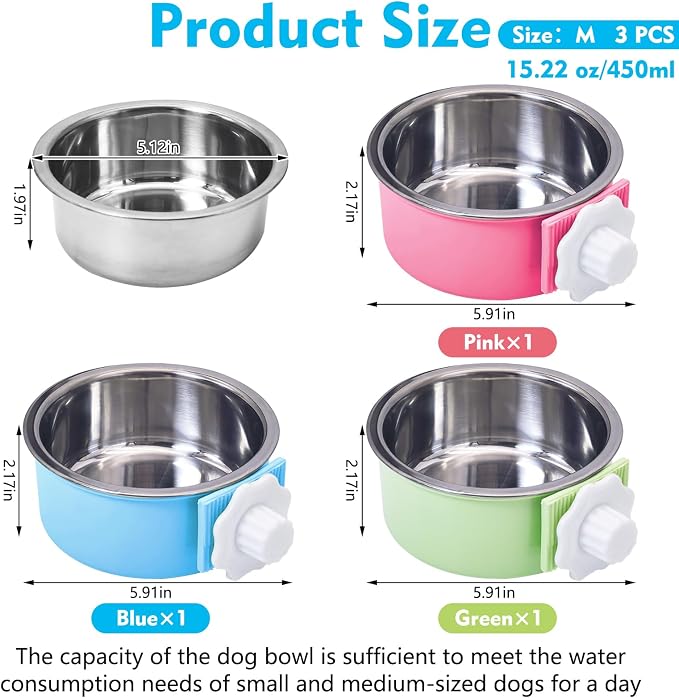kathson Crate Dog Bowl, Removable Stainless Steel Hanging Pet Cage Bowl Food & Water Feeder Coop Cup for Cat, Puppy, Birds, Rats, Guinea Pigs (3 PCS, Size: M, Blue, Green, Pink)