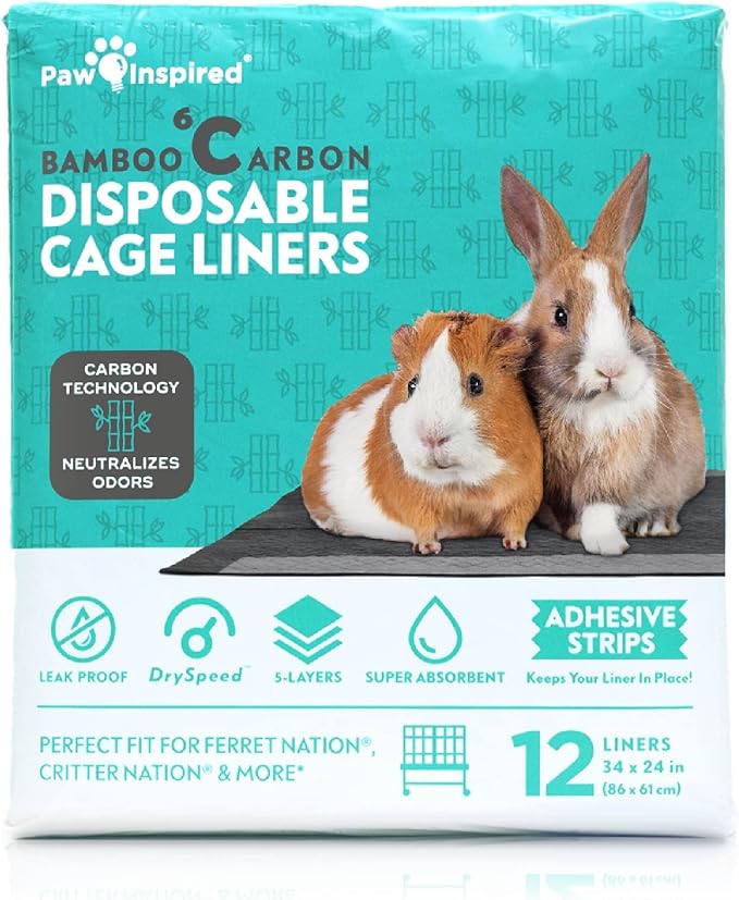 Paw Inspired Disposable Cage Liners, 34x24 Inch (Critter Nation), 12 Count | Bamboo Charcoal Odor Controlling, Super Absorbent Pads For Guinea Pigs, Ferrets, Rabbits, Hamsters, Small Animals