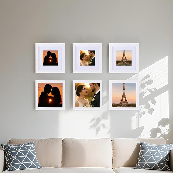 6 Pcs 8x8 White Picture Frame - Display Pictures 5x5 with Mat or 8 x 8 without Mat - White Wood Picture Frames for Wall Mounting - Wooden Photo Frame for 8 8 Matted to 5x5 Print Set of 6