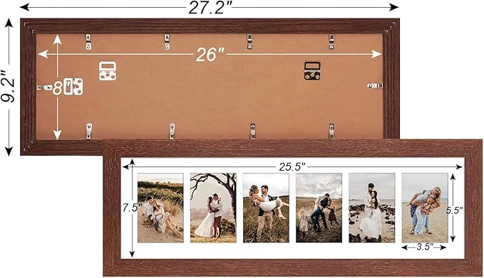 8x26 Picture Frame Display 6 opening 4X6 Picture Frame Collage,Multi Photo Frame with Mat,Plexiglass,Wall or Tabletop Decor,Walnut Wood Grain