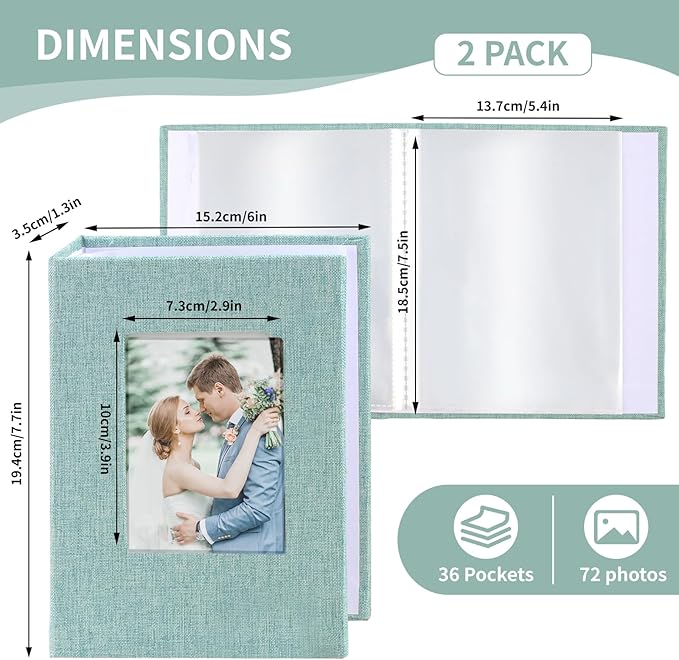 vivinin 2 Pack Photo Album 5x7, Linen Cover Photo Book, Small Photo Album Book for 36 Pockets Hold 72 Pictures, Picture Book for Photos Family Anniversaries Baby Vacations (Green)