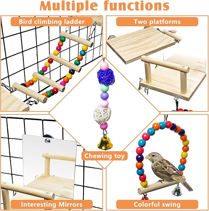BNOSDM Bird Perch Platform with Mirror, Wooden Climbing Ladder for Parakeet, Small Bird Swing Toys with Hanging Chewing Balls Parrot Cage Accessories Budgie Playground for Cockatiel, Lovebird, Conure