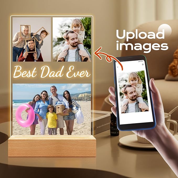 Personalized Birthday Gifts for Dad from Daughter & Son, Custom DAD Picture Frame with Photos, Personalized Photo Frame with Night Light, Customized Photo Frames