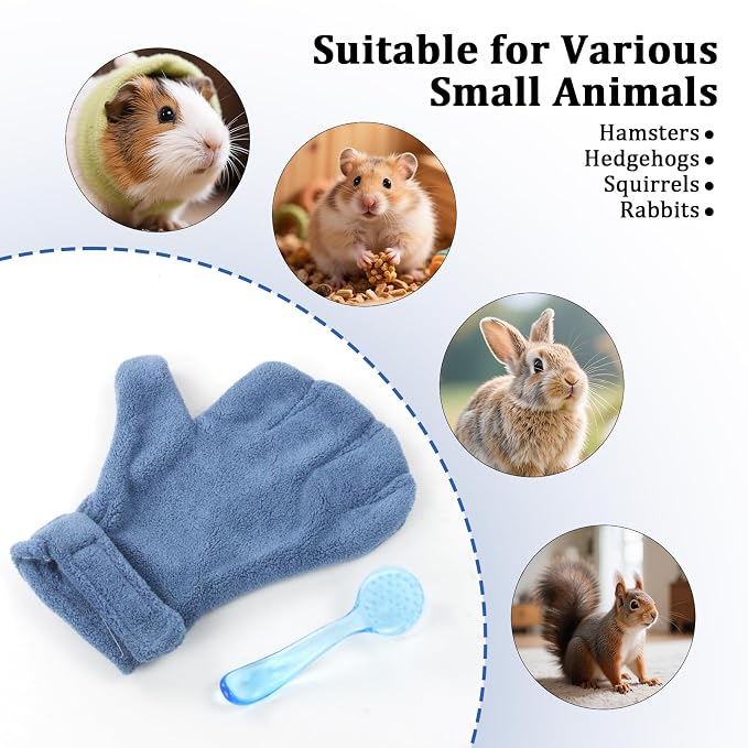 1 Pcs Hamster Bite Proof Glove and Grooming Brush Set, Adjustable Hamster Glove, Lid Soft Cleansing Brush Massage Combs, Guinea Pig Brush, Hamster Care Set for Hamsters, Ferrets, Hedgehogs (Blue)