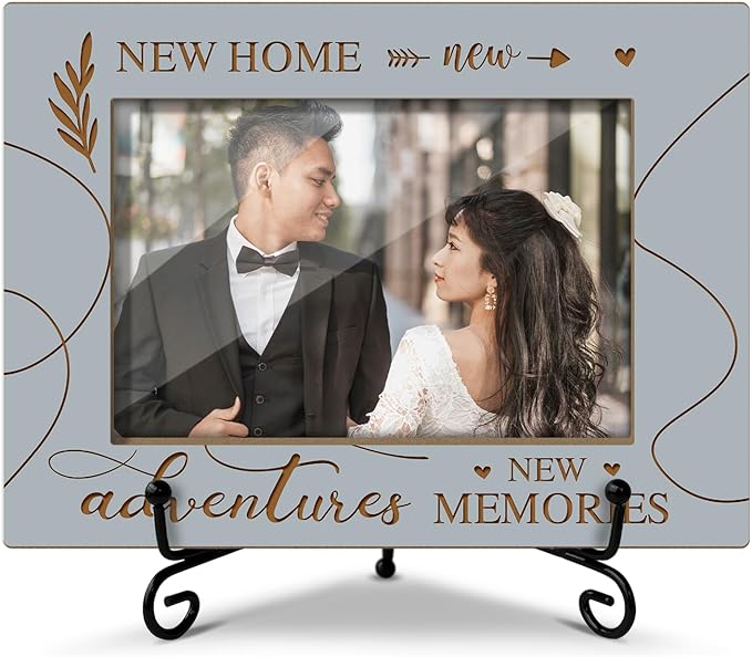 House Warming Gifts New Home Adventure New Memories - Wooden Photo Frame, Engagements Gifts For Christmas Tabletop Display 4x6 Photo Home Decor Party Decor Rustic Picture Frames With Stand -30
