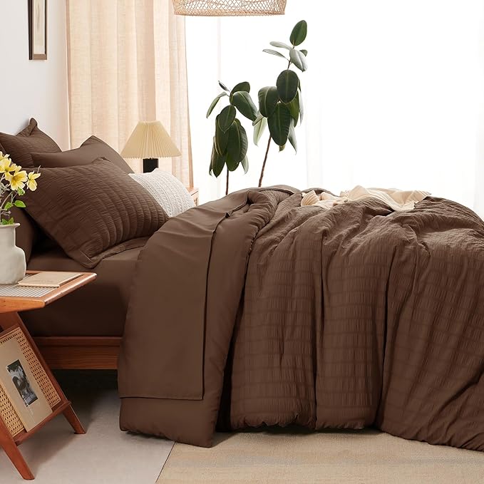 CozyLux Full Size Comforter Sets with Sheets 7 Pieces, Brown Seersucker Bed in a Bag Textured Luxury Soft Bedding Set with Down Alternative Comforter, Sheets, Pillowcases & Shams for All Seasons