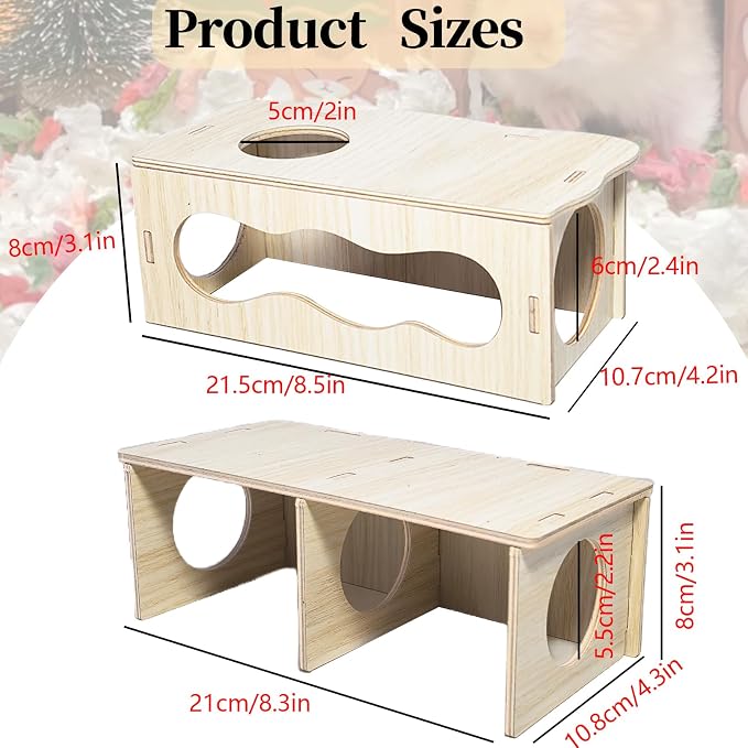 2 PCS Wooden Hamster Hideout Multi-Chamber Tunnel Set Hamster House Hiding Maze Platform Stuff Exploring Toy Cage Accessories for Gerbil Rat Mice