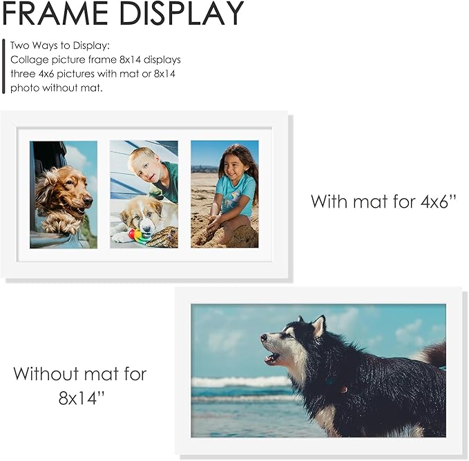 8x14 Collage Picture Frame 4x6 Collage Picture Frame Displays Three 4x6 inch Photos or 8x14 (Without Mat) for Available Horizontal Wall Mounting Display and Vertical White