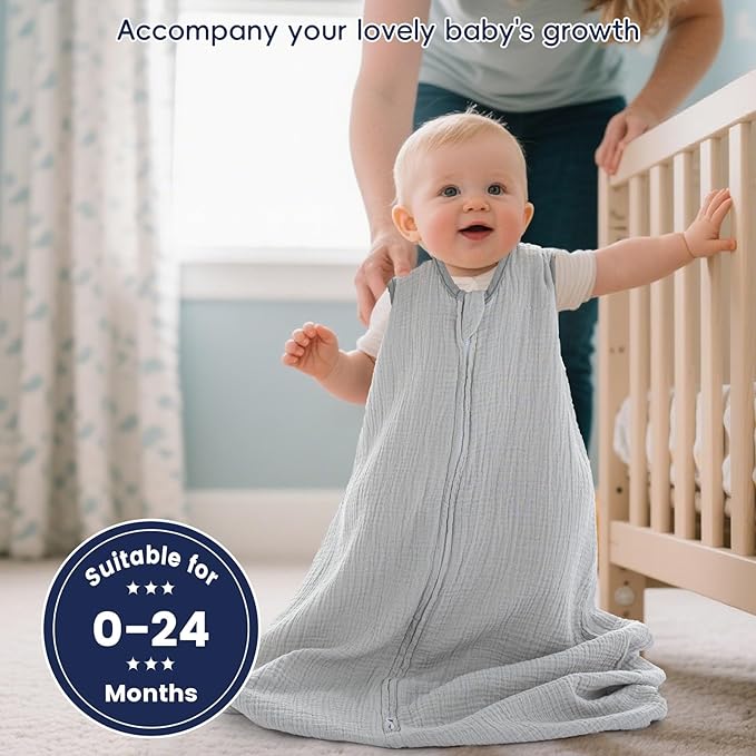 PHF 100% Muslin Cotton Baby Sleep Sacks, 6-12 Months Sleep Sack with 2-Way Zipper, 2 Pack Unisex 0.5 TOG Breathable Medium Size Sleeveless Baby Wearable Blanket, White & Grey