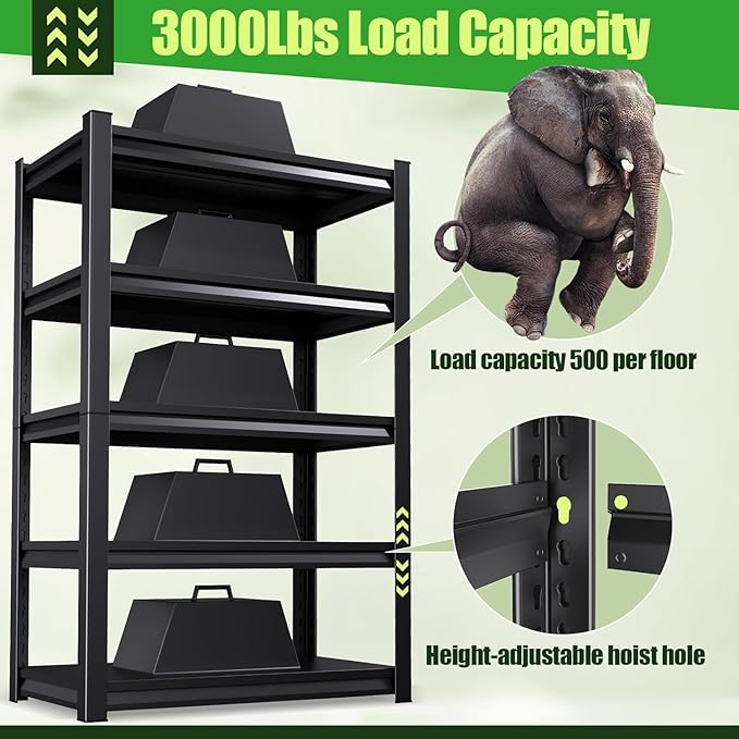 Garage Shelving,Heavy Duty Garage Storage Shelves,Metal Shelving Unit,5 Tier Adjustable Steel Utility Shelf,Use for Basement,Warehouse, Pantry Closet,Black (Steel-72''H*16" D*36''W)
