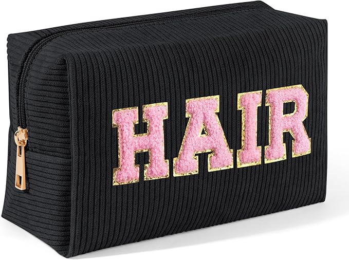 MAGEFY Small Makeup Bag for Purse Corduroy Makeup Bag for Women Makeup Pouch with Compartments (Black, HAIR)