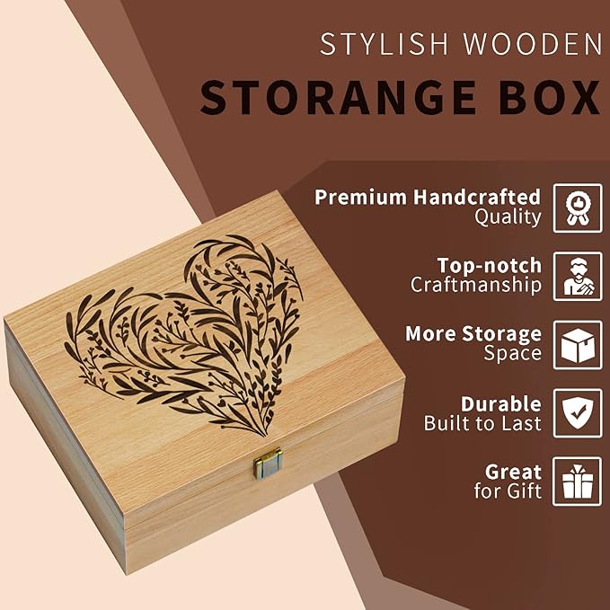 EXISTING Wooden Memory Keepsake Box, Floral Heart Engraved Large Keepsake Boxes with Lids, Memory Box Keepsakes Gift for Anniversary, Wedding, Memory, Birthday, Valentines Day, for Office or Home