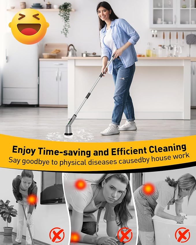 Electric Spin Scrubber for Cleaning Bathroom, Shower Scrubber Cordless Cleaning Brush with IPX7 Waterproof & 2 Speed, 3 Brush Heads, Bathroom Cleaning Supplies for Shower Tub Tile Toilet Grey