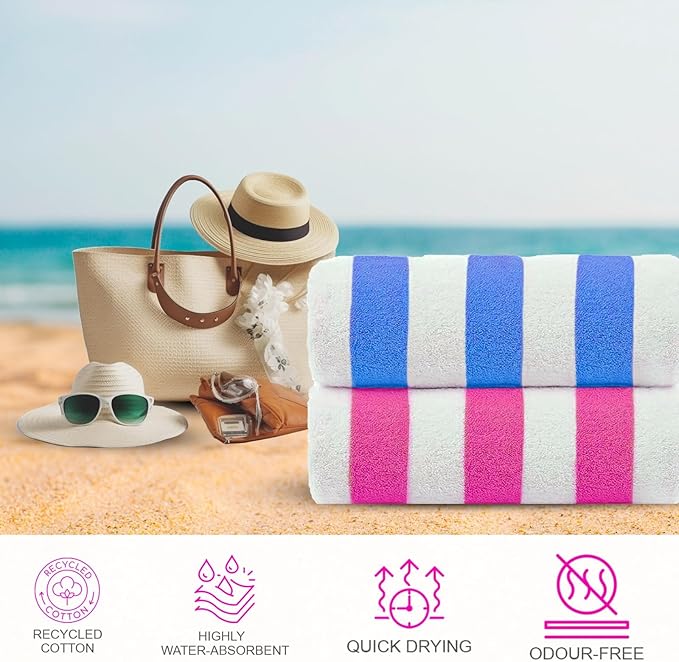 CASA COPENHAGEN Cabana Beach Towels Designed in Denmark Rough and Tough, Quick Dry, for Pool, Bath & Shower 30x60 inches 4 Pieces Cotton Beach Bath Towels Set - Turquoise,Royal Blue,Pink,Green