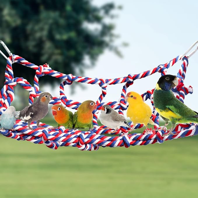 2 Pack Colorful Bird Rope Net, Pet Hanging Hammock, Rat Climbing Ladder Bridge Toys, Cage Decor Accessories for Small Animals Parakeets Cockatiels Hamster Ferret Lovebirds Guinea Pig- 11 × 8 inch