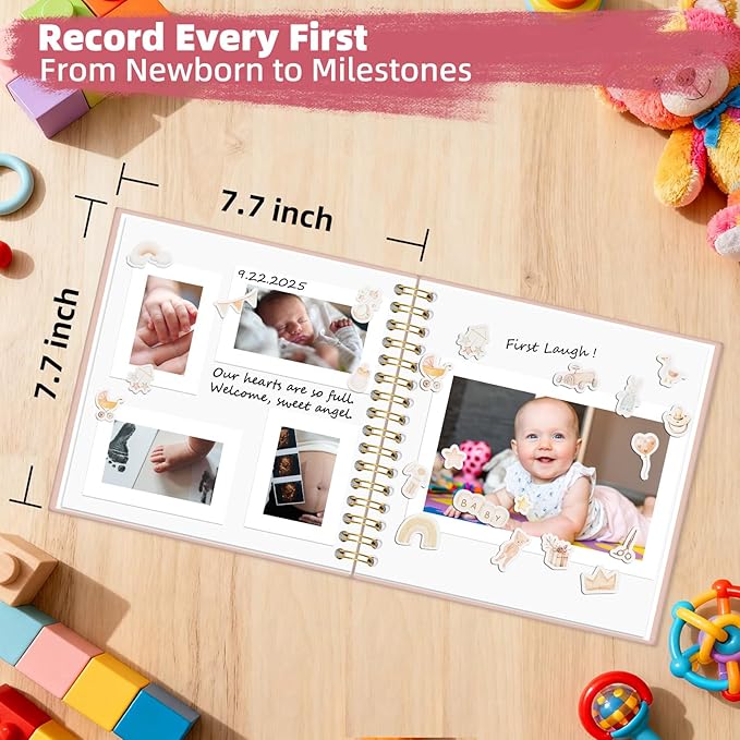 Vienrose Kids Scrapbook Album 8.5"X8.3" with Window Silk Fabric Cover Acid-Free Pages Personalised DIY Photos Scrapbooking for Baby Memory Book, First Year Keepsake Journal Gift Boy Girl, Blue