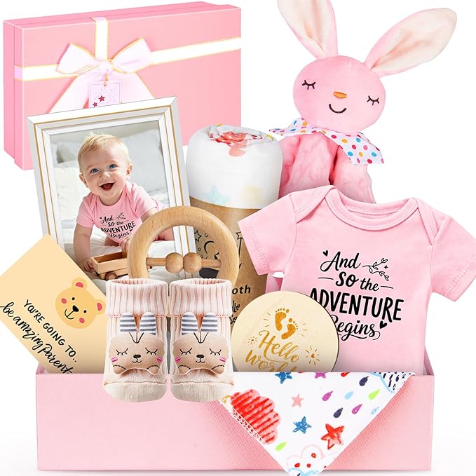 Baby Gift Basket for Newborn Girls & Boys, Baby Shower Gift Set for Girl, Newborn Baby Girl Essentials, Welcome Home, Gender Reveal Gifts for New Parents, Pink Gift Box