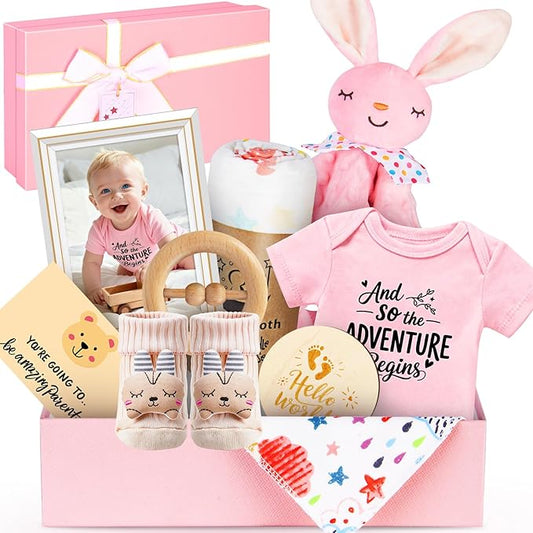 Baby Gift Basket for Newborn Girls & Boys, Baby Shower Gift Set for Girl, Newborn Baby Girl Essentials, Welcome Home, Gender Reveal Gifts for New Parents, Pink Gift Box