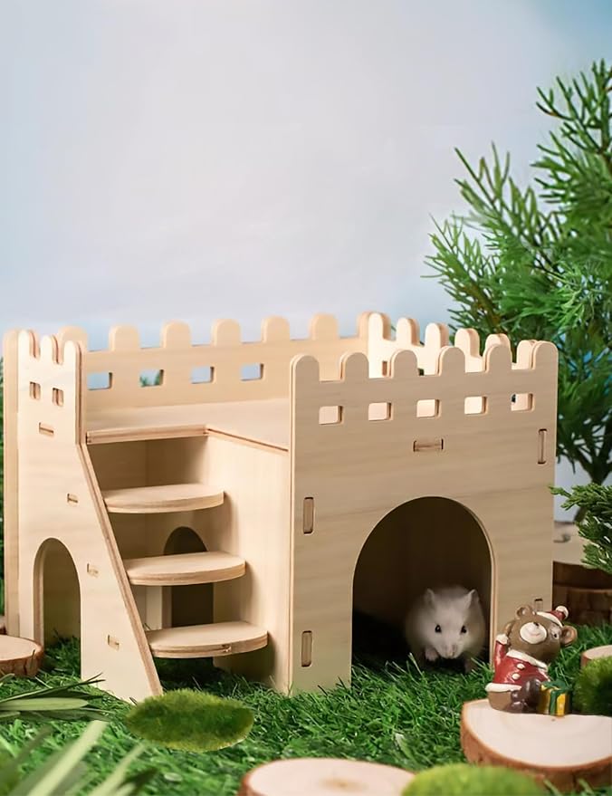 Hamster Hideout Cage Accessories - Hamster House and Habitat Wooden Hide Hut with Climbing Stairs and Platform for Syrian Dwarf Gerbils and Mouse Mice Rat，Small Animals etc.