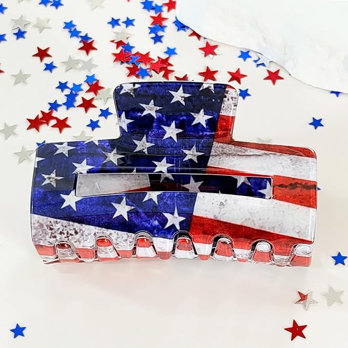 1Pc July 4th Hair Clips Acetate Patriotic Hair Claw Clips Blue American Flag Design Non-Slip Jaw Barrettes Fashion Styling Red White and Blue Hair Accessories Gift for Women Girls Thick Thin Hair