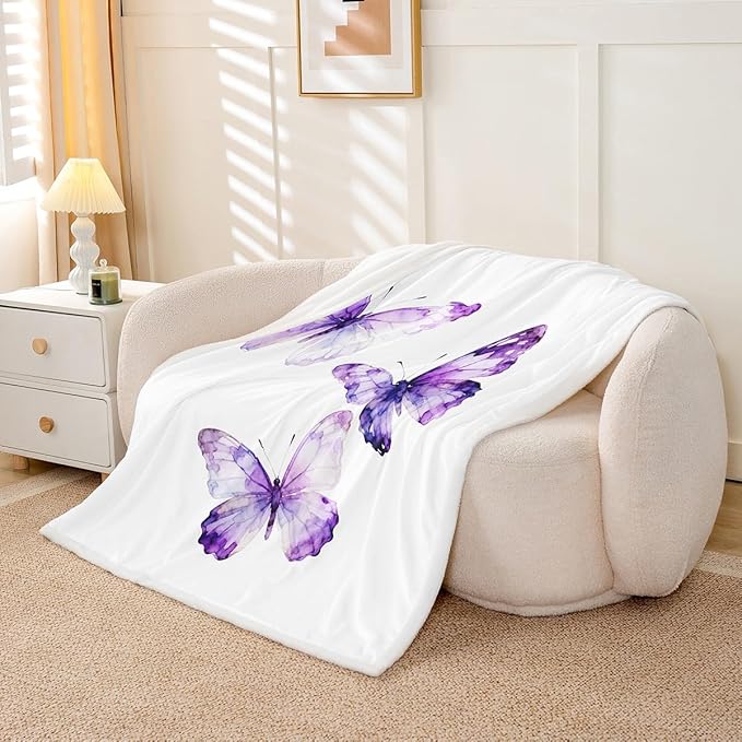 Feelyou Purple Butterfly Fleece Throw Blanket Baby 30"x40" Kids Girls Sherpa Blanket Plush Fuzzy for Bed Couch Chair Living Room, Watercolor Bed Blanket Room Decor