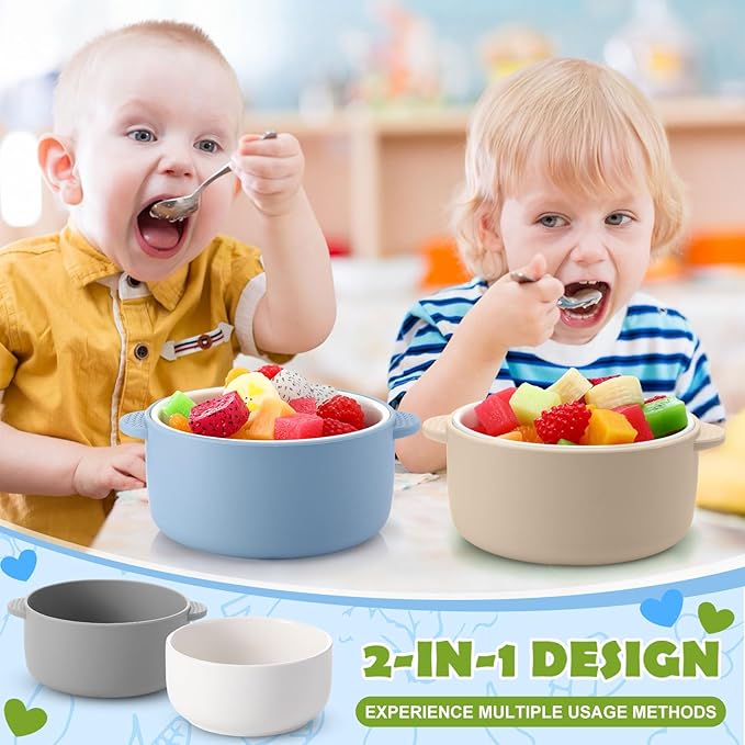 Domensi 4 Sets Kids Porcelain Bowls with Removable Silicone Sleeve 2-in-1 Porcelain Toddler Bowls Microwave Dishwasher Safe Cereal Snack Soup Dishes for Baby Children Feeding Supplies (Morandi Colors)
