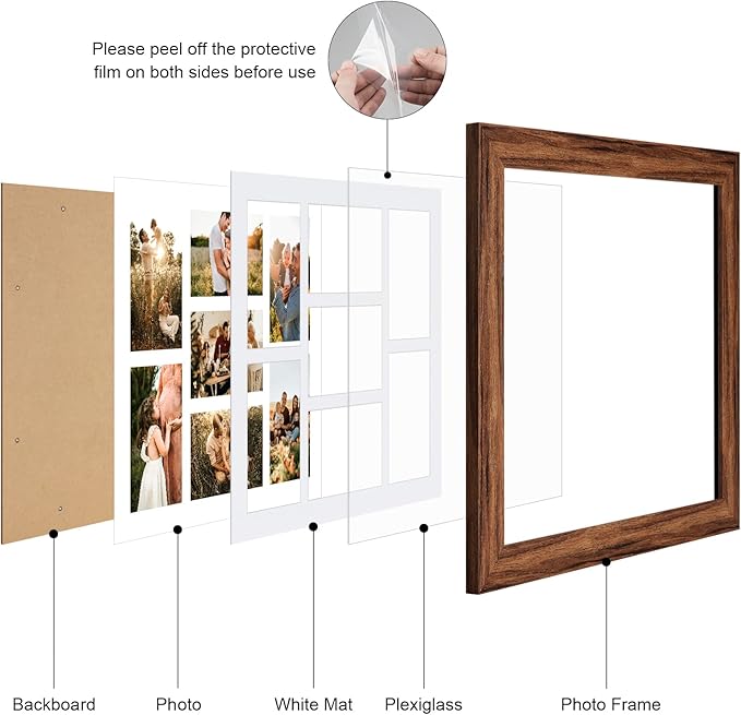 13.5x15.5 Picture Frame Display 7 opening 4X6 Picture Frame Collage,Multi Photo Frame with Mat,Plexiglass,Wall or Tabletop Decor,Carbonized Brown Wood Grain
