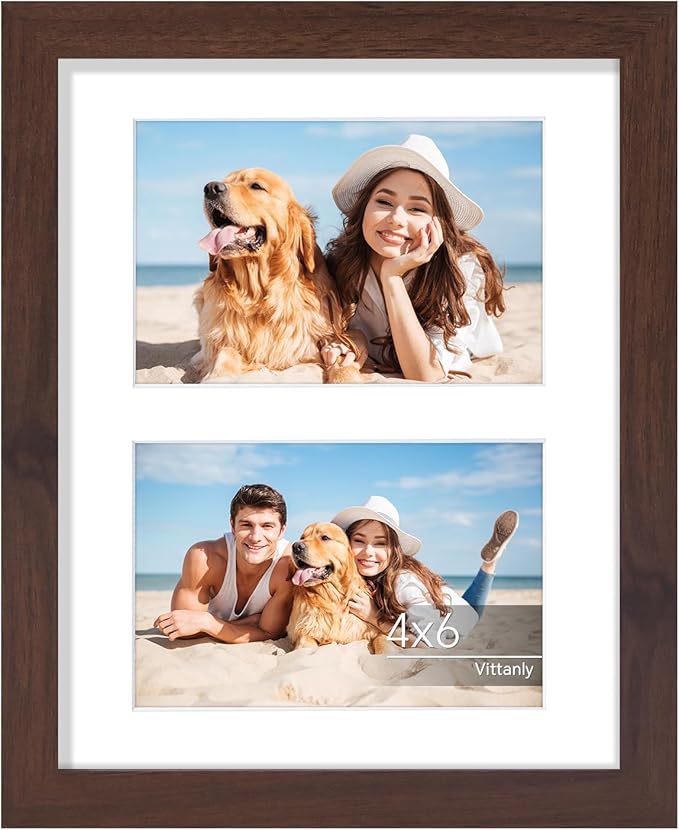 Vittanly 8x10 Collage Picture Frame, Displays 2Pcs 4x6 Pictures with Mat or 1Pcs 8x10 without Mat, Photo Frame for Wall Mounting or Table Top with Stand, Brown, 1 Pack