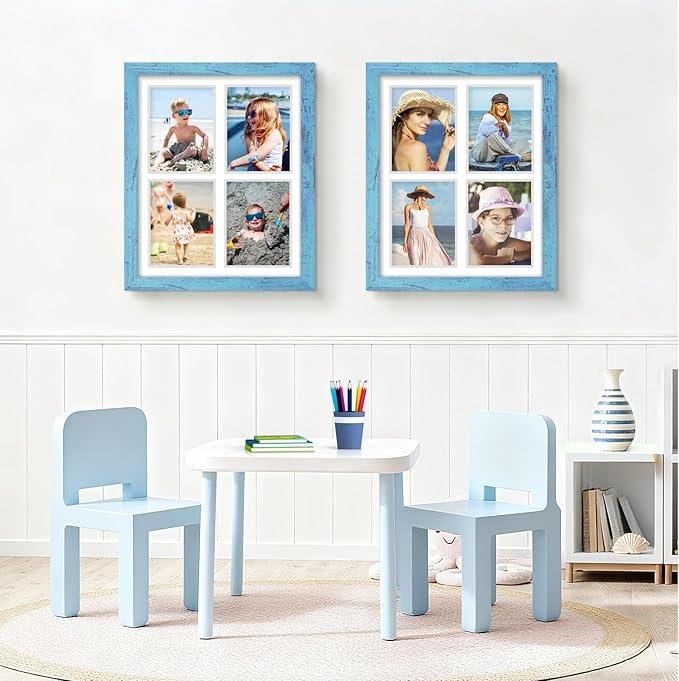 12x16 Picture Frame 5x7 Collage Picture Frame Displays Four 5x7 inch Photos or 12x16 (Without Mat) for Available Horizontal Wall Mounting Display and Vertical Blue