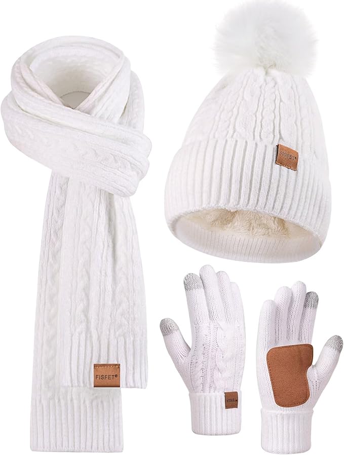 Winter Beanie Hat Scarf Gloves Set for Women, Pom Pom Beanie Fleece Lined Knit Neck Warmer Touchscreen Gloves 3 in 1 Gift Set
