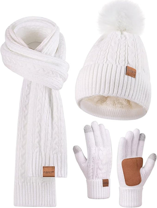 Winter Beanie Hat Scarf Gloves Set for Women, Pom Pom Beanie Fleece Lined Knit Neck Warmer Touchscreen Gloves 3 in 1 Gift Set