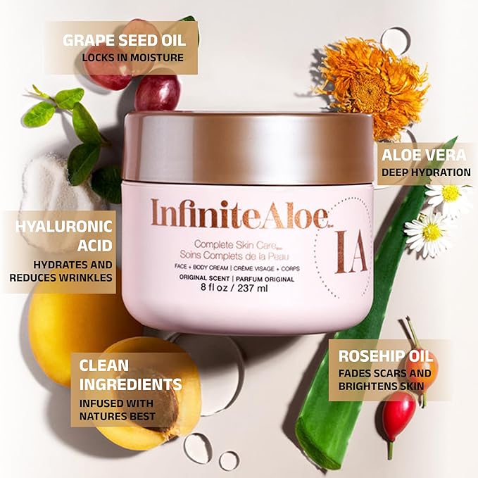 InfiniteAloe Complete Skin Care, Aloe Vera Powered Face and Body Cream for All Skin Types, Dry Skin Everyday Hero, Original Scent - 2 Large Jar 8 oz & 2 Travel Jar 0.5 oz