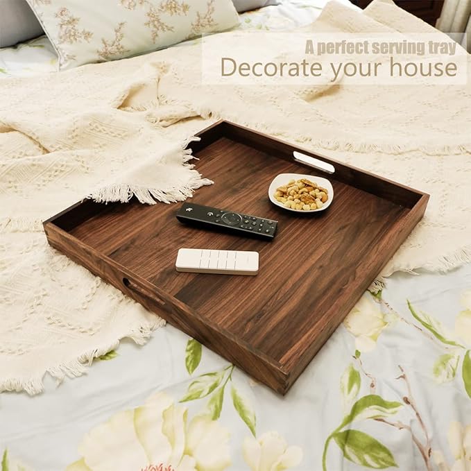 Set of 2 Large Black Walnut Wood Ottoman Tray with Handles, Serve Tea, Coffee, Classic Wooden Decorative Serving Tray (19 inch Square &18 inch Round)
