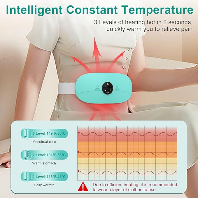 Portable Heating Pad for Period Cramps: Cordless Menstrual Heating Pad with 3 Heat Levels and 3 Massage Modes, 3s Fast Heating Gift for Women and Girl Blue