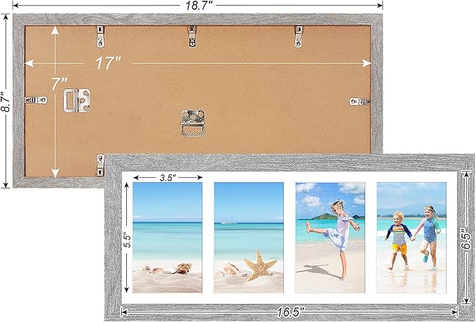 7x17 Collage frame with 4 Openings 4X6 Pictures, Multiple Picture Frame with Mat, Wall or Tabletop Decor, Grey Wood Grain,2 Pack