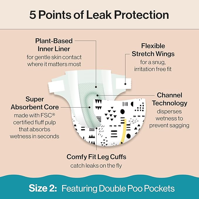 The Honest Company Clean Conscious Diapers for Sensitive Skin Up to 100% Leakproof Hypoallergenic Fragrance-Free Baby Gender Neutral Prints Super Club Box Size 2 (12–18 lbs) 124