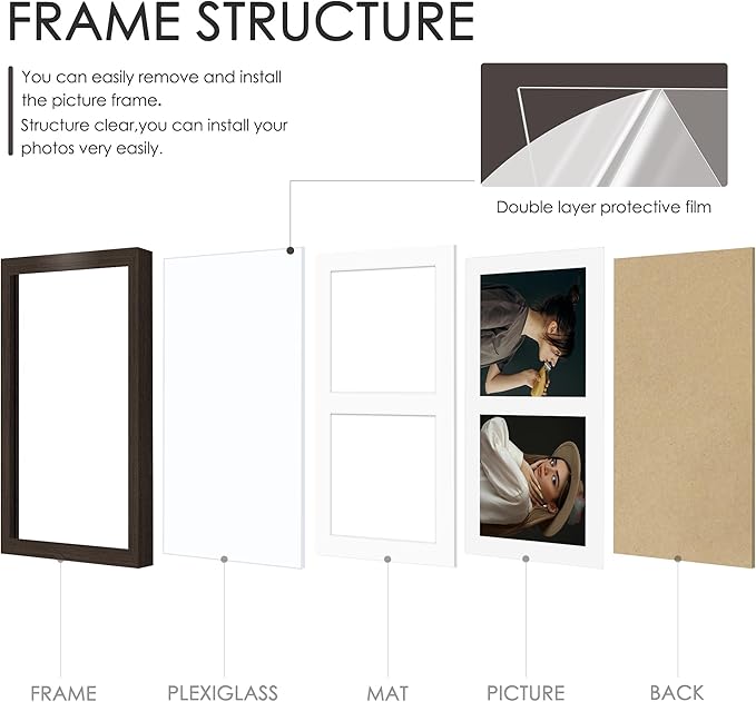 8.5x11 Double 5x7 Picture Frame Double Picture Frame Displays Two 5x7 inch Photos Available Horizontal Wall Mounting Display and Vertical Walnut