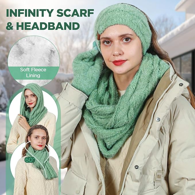 Womens Beanie Hat Infinity Scarf Touchscreen Gloves Fleece Headband 4 in 1 Winter Clothes Set Gifts for Women