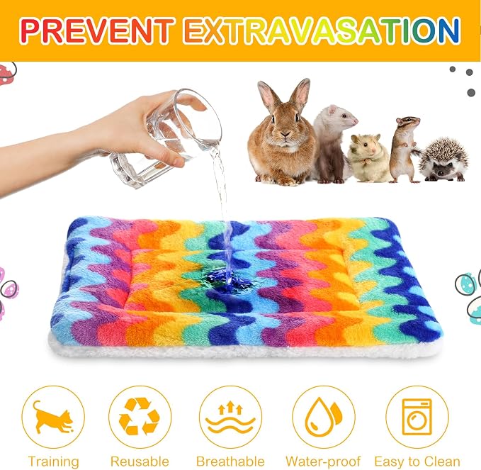 Haull 4 Pcs Waterproof Guinea Pig Bedding Soft Dog Cat Bed Crate Mat Small Animal Plush Cage Liners Rabbit Bunny Kennel Pad Reversible Cozy Pee Thickened Hamster Pad(Rainbow,13 x 10 Inch)