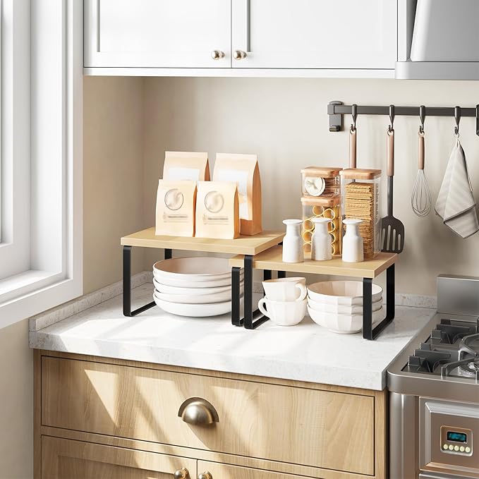 HOOBRO Spice Rack Set of 2, Kitchen Counter Organizer, Kitchen Storage, Cabinet Organizer Shelf, Nest, Stackable, Side-by-Side & L-Shape for Cabinet, Kitchen,Bathroom, Natural and Black BN33TL01