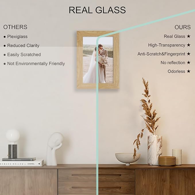 5.5x8.5 Picture Frame Set of 4, Made of Real Glass and Natural Oak Frame, 5.5 by 8.5 Photo for Wall or Tabletop