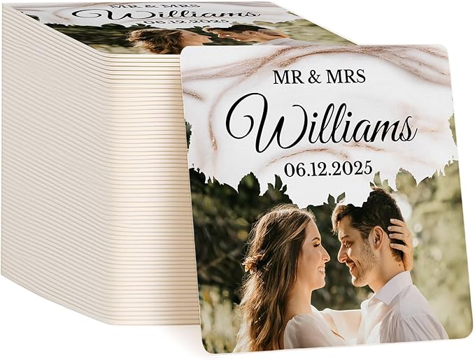 60 Pack Personalized Wedding Coasters, Custom Cardboard Coasters for Drinks with Photo Print and Text, Keepsake Wedding Favors and Gifts for Couples, 4x4 Square, Design 6