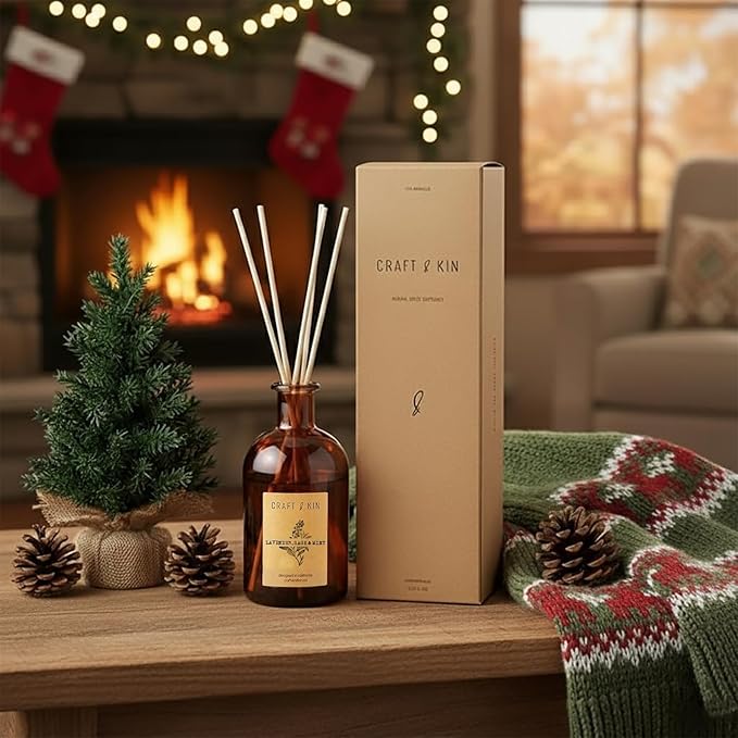 Craft & Kin Sage, Mint & Lavender Reed Diffuser | All Natural Essential Oil & 8 Rattan Scent Sticks | Reed Diffusers for Home, Bathroom | Long Lasting Home Fragrance in Amber Glass, 5.75oz