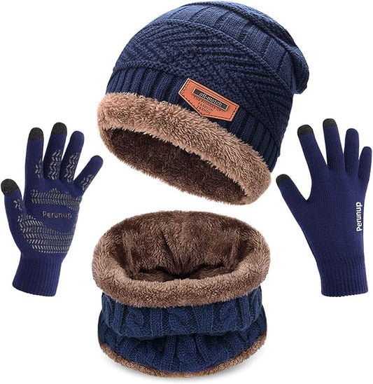 MAYLISACC Winter Knit Beanie Hat Neck Warmer Scarf and Touch Screen Gloves Set 3 Pcs Fleece Lined Skull Cap for Men Women