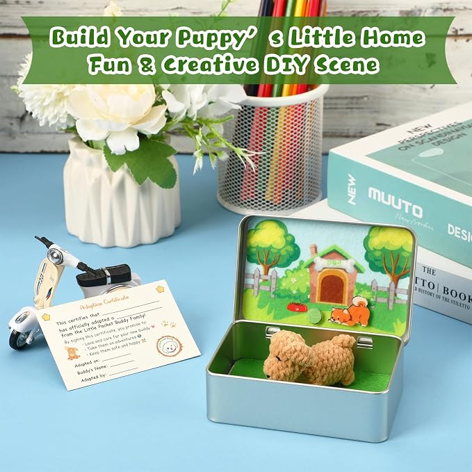 Little Pocket Puppy DIY Pup Adoption Travel Buddy for Dog Lovers | A tiny puppy in a mini tin, bringing comfort, joy and emotional support to your desk or workspace