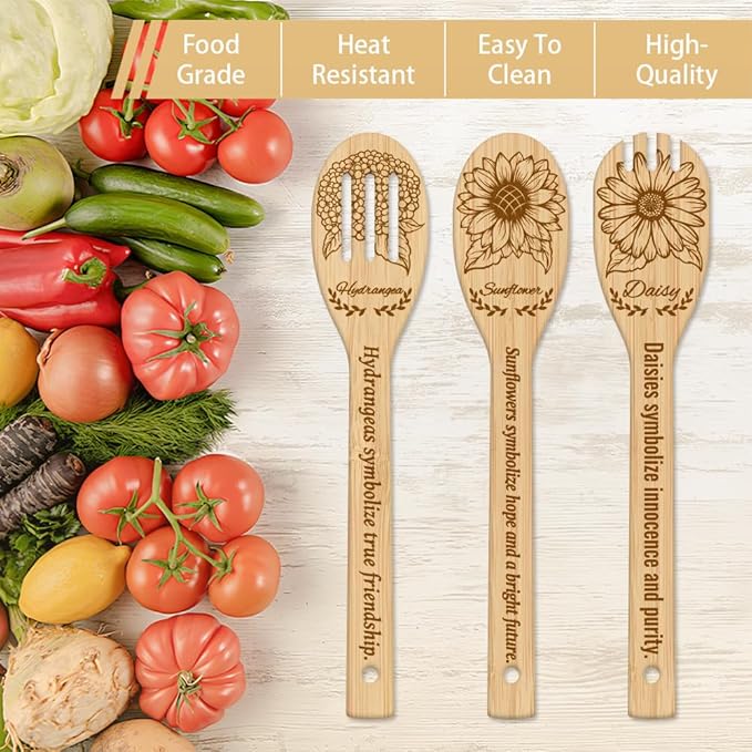 GLOBLELAND 6Pcs Flowers Bamboo Cooking Utensils Wooden Engraved Cooking Spoons Set Carving Kitchen Bamboo Spatula Set for Women and Men Wood Cooking Spoon for Kitchen House Warming Gift