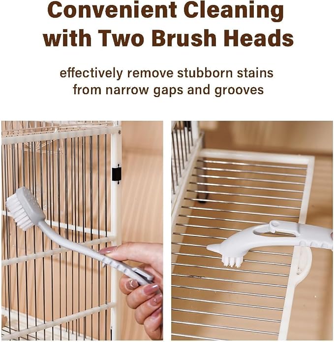 Bird Cage Cleaner with Double Brush Heads Long Handle Cleaning Tool for Small Animal Ferret Bunny Guinea Pigs Cages Food Bowl Pads Groomming (2PC)