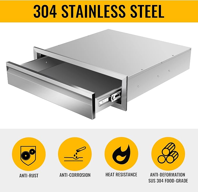 Outdoor Kitchen Drawers Stainless Steel 24W X 6.5H X 23D Inch, Flush Mount Single BBQ Island Drawers with Hidden Handle for Outdoor Kitchens, Patio or Grill Station